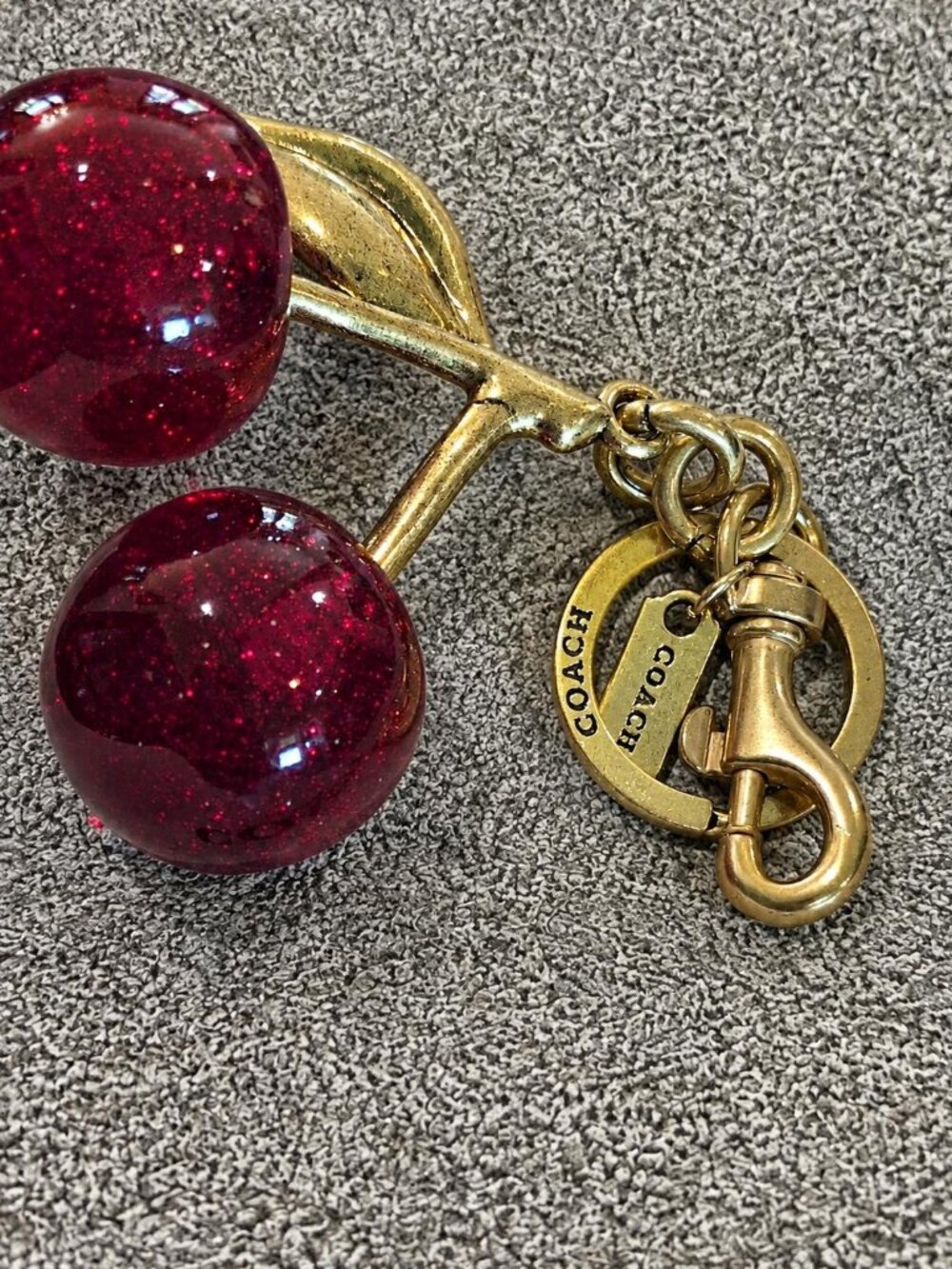 Coach Red Glitter Resin Cherry Bag Charm Keychain Brass Hardware